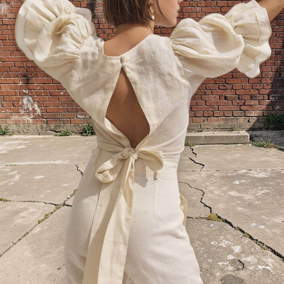 Short Puff Sleeve Linen Top, Tie Back Linen Crop Top
