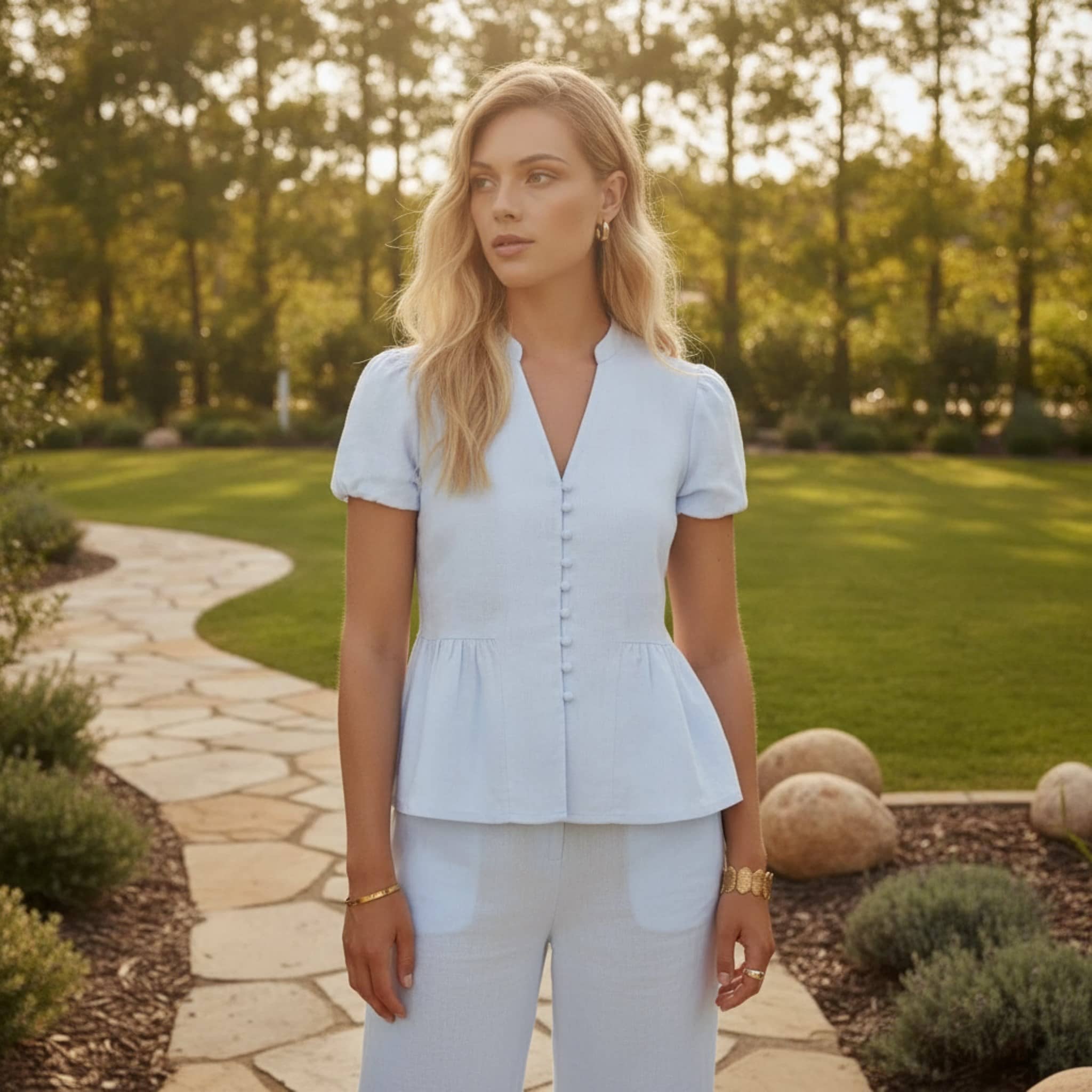 Short Puff Sleeve Linen Top, V Neck Button Front