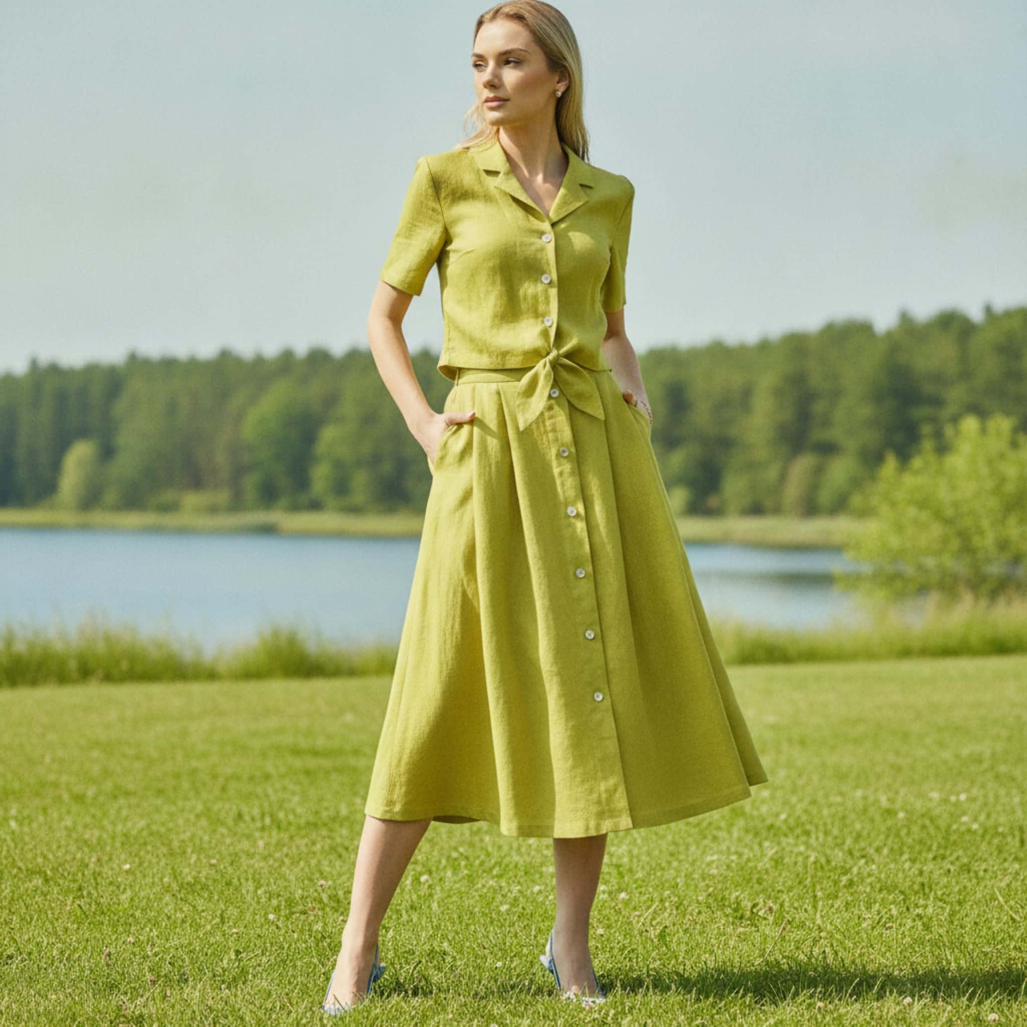 Short Sleeve Cropped Linen Shirt, Tie-Front Hem