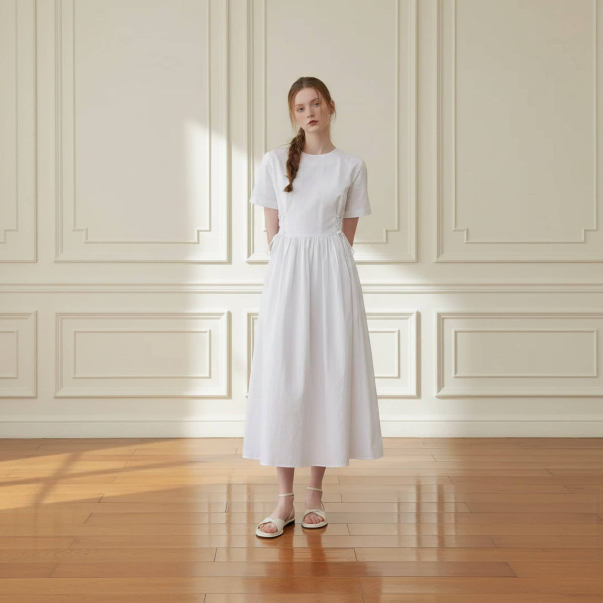 Short Sleeve Linen Midi Dress, Corset A Line Midi Dress