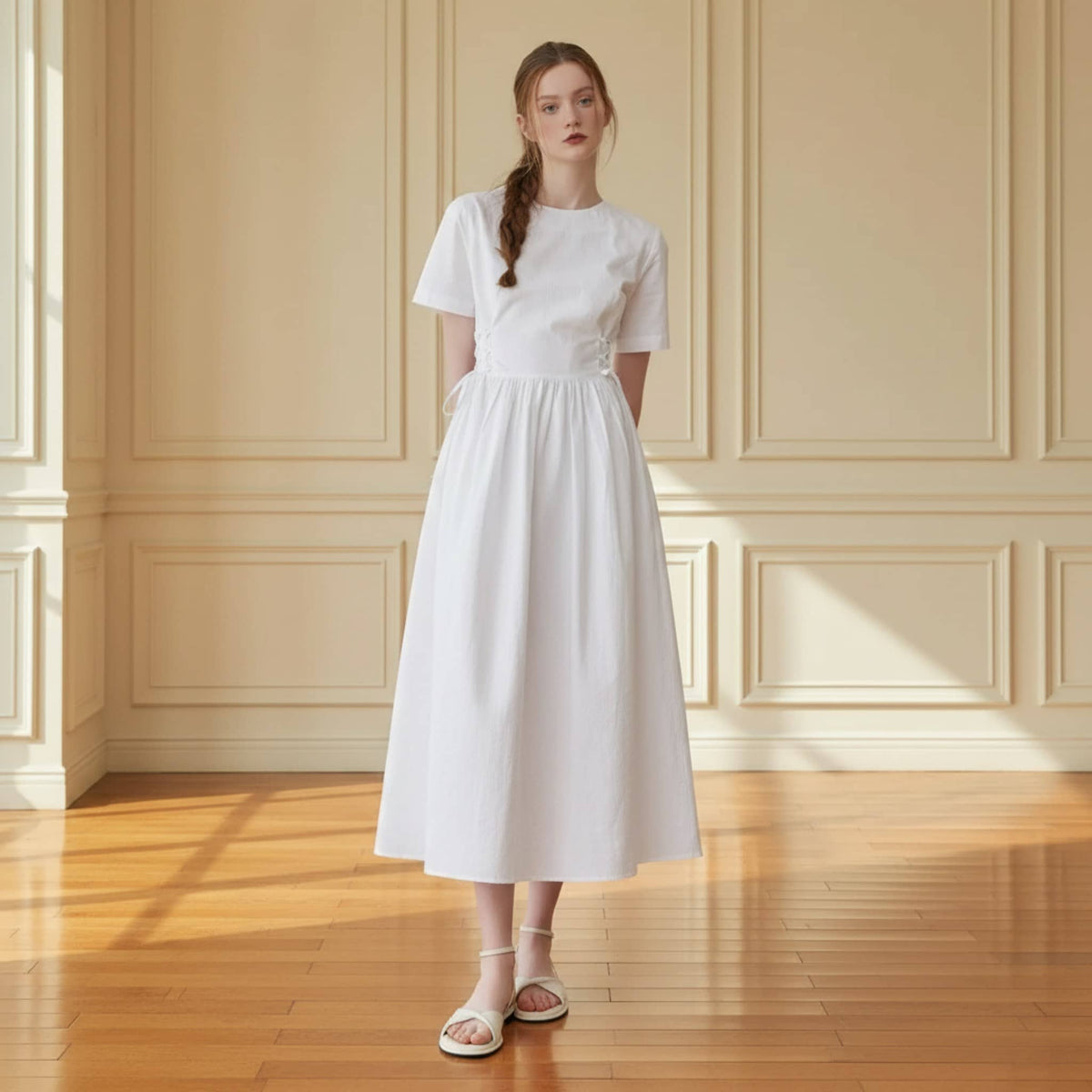 Short Sleeve Linen Midi Dress, Corset A Line Midi Dress
