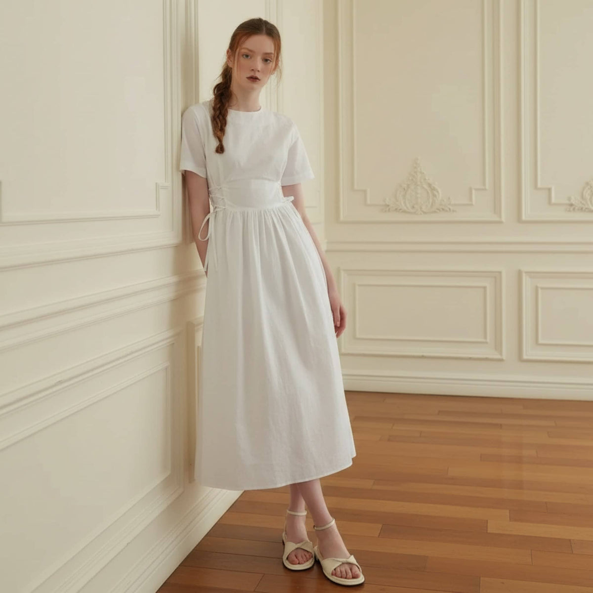 Short Sleeve Linen Midi Dress, Corset A Line Midi Dress