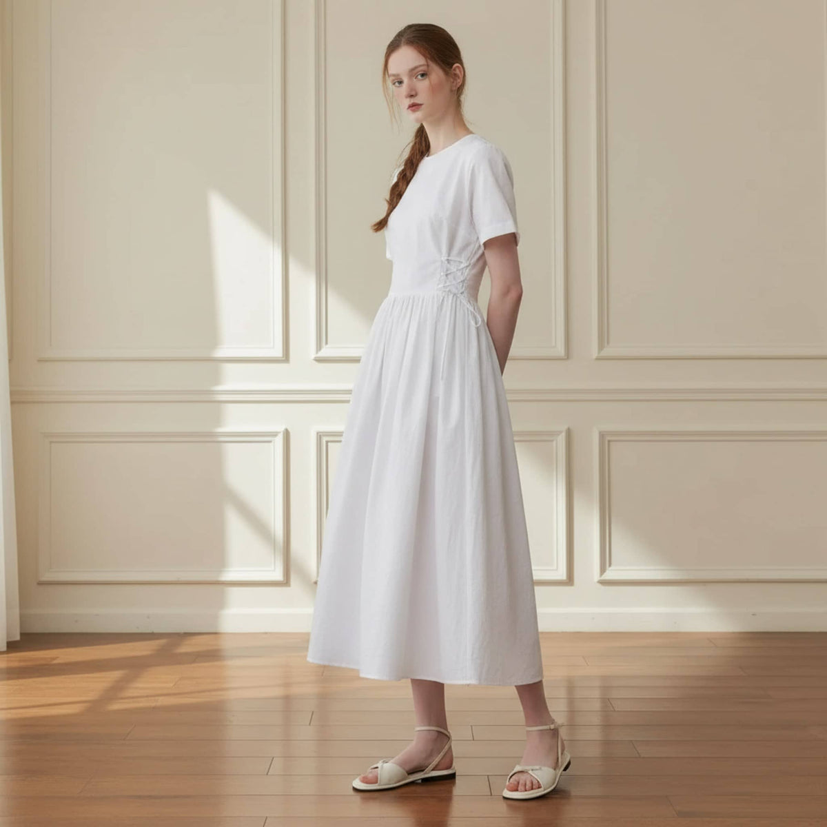 Short Sleeve Linen Midi Dress, Corset A Line Midi Dress