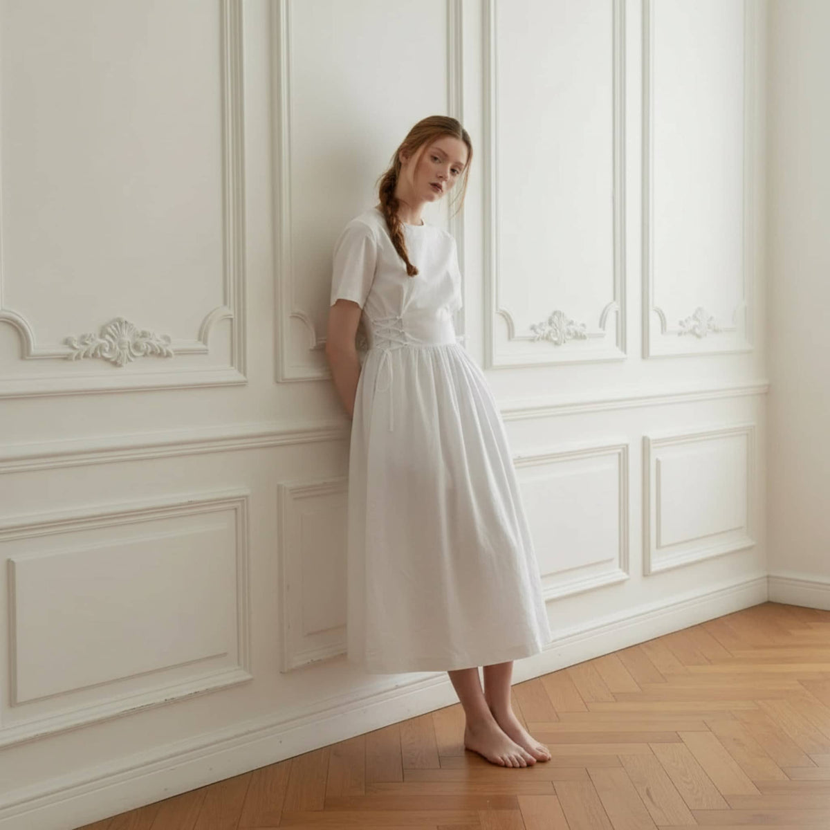 Short Sleeve Linen Midi Dress, Corset A Line Midi Dress