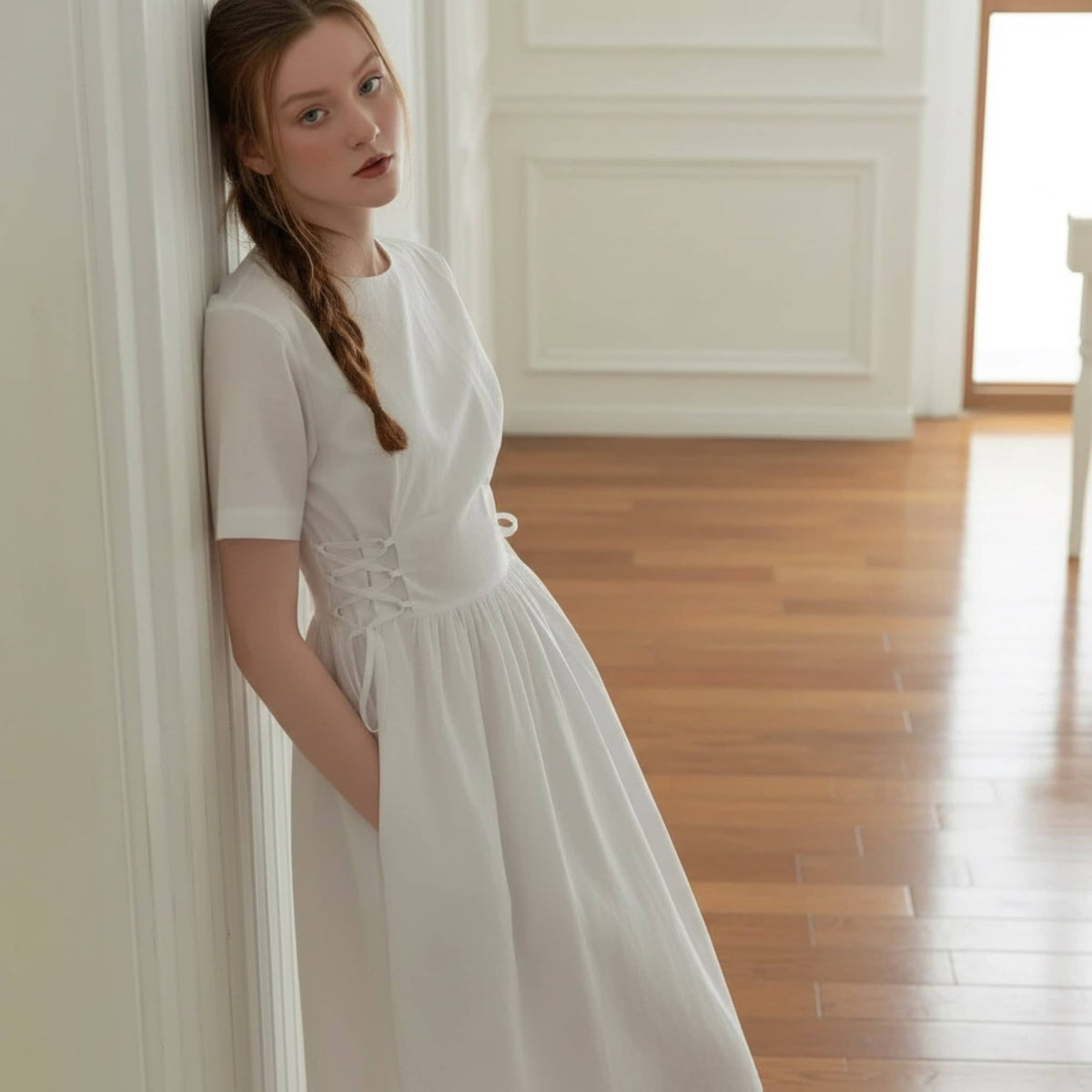 Short Sleeve Linen Midi Dress, Corset A Line Midi Dress