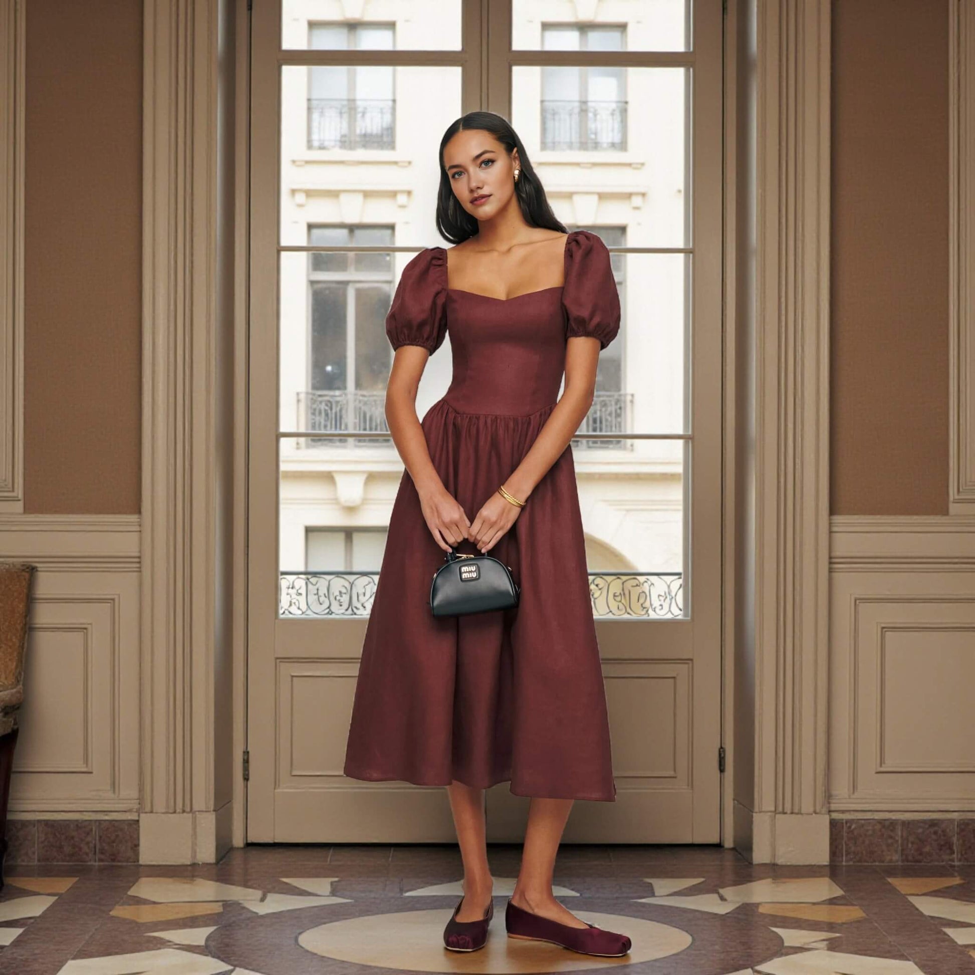 Short Sleeve Linen Midi Dress, Puff Sleeve Midi Dress