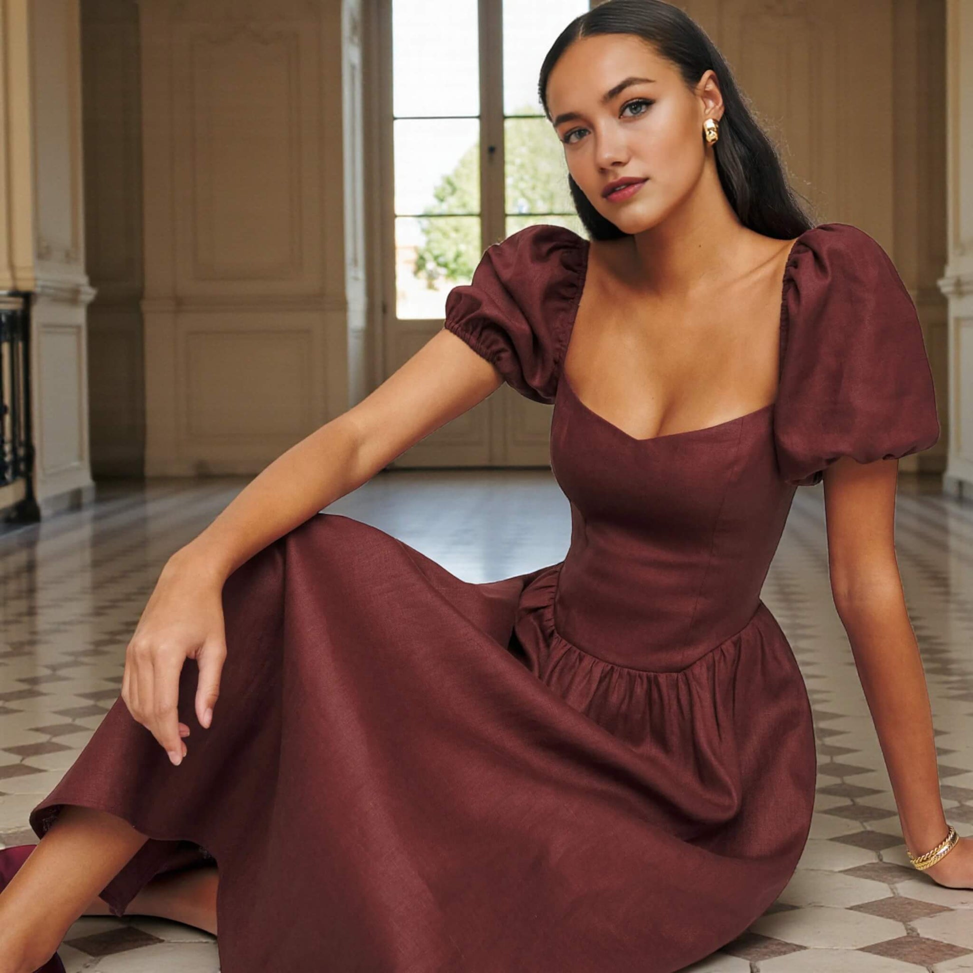 Short Sleeve Linen Midi Dress, Puff Sleeve Midi Dress