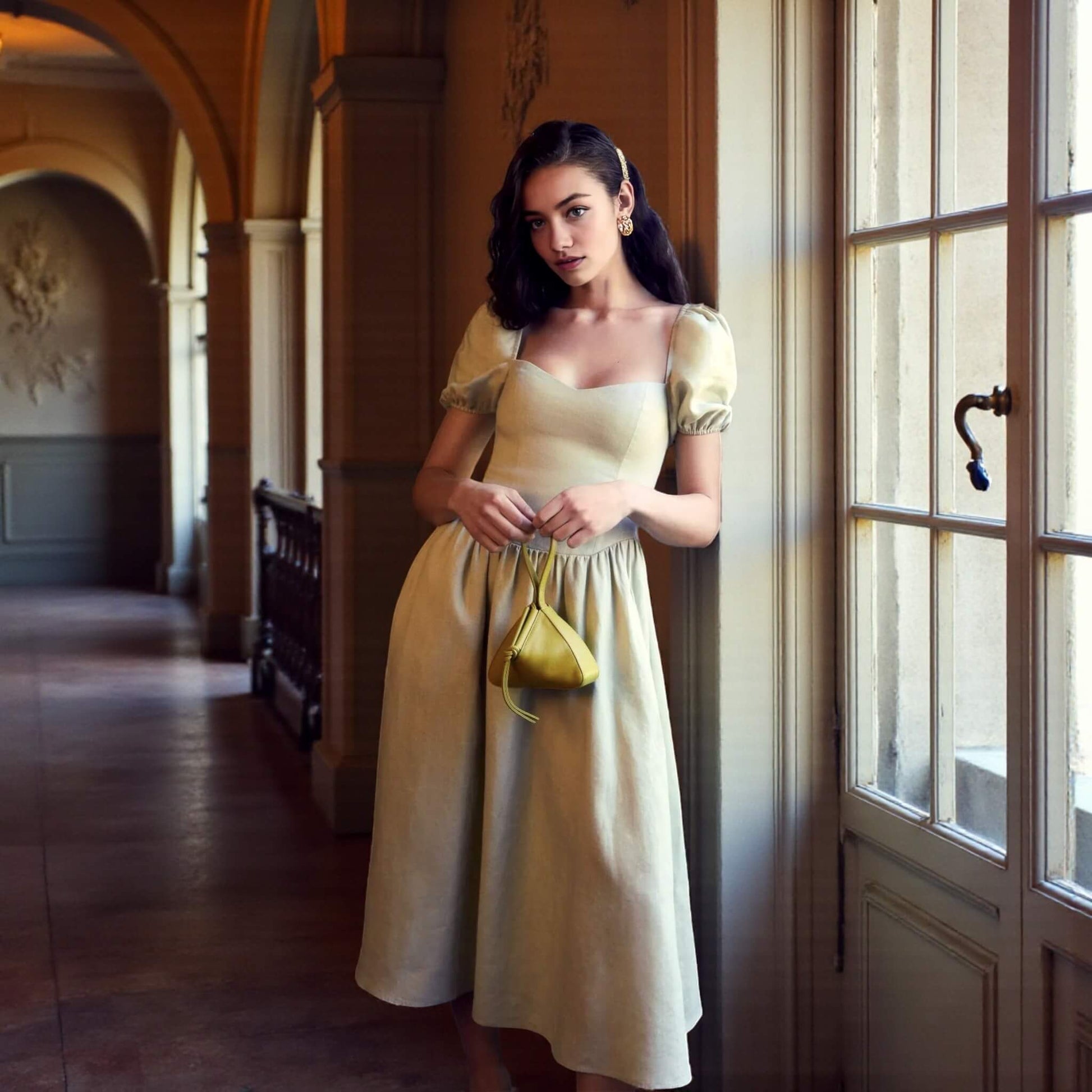 Short Sleeve Linen Midi Dress, Puff Sleeve Midi Dress