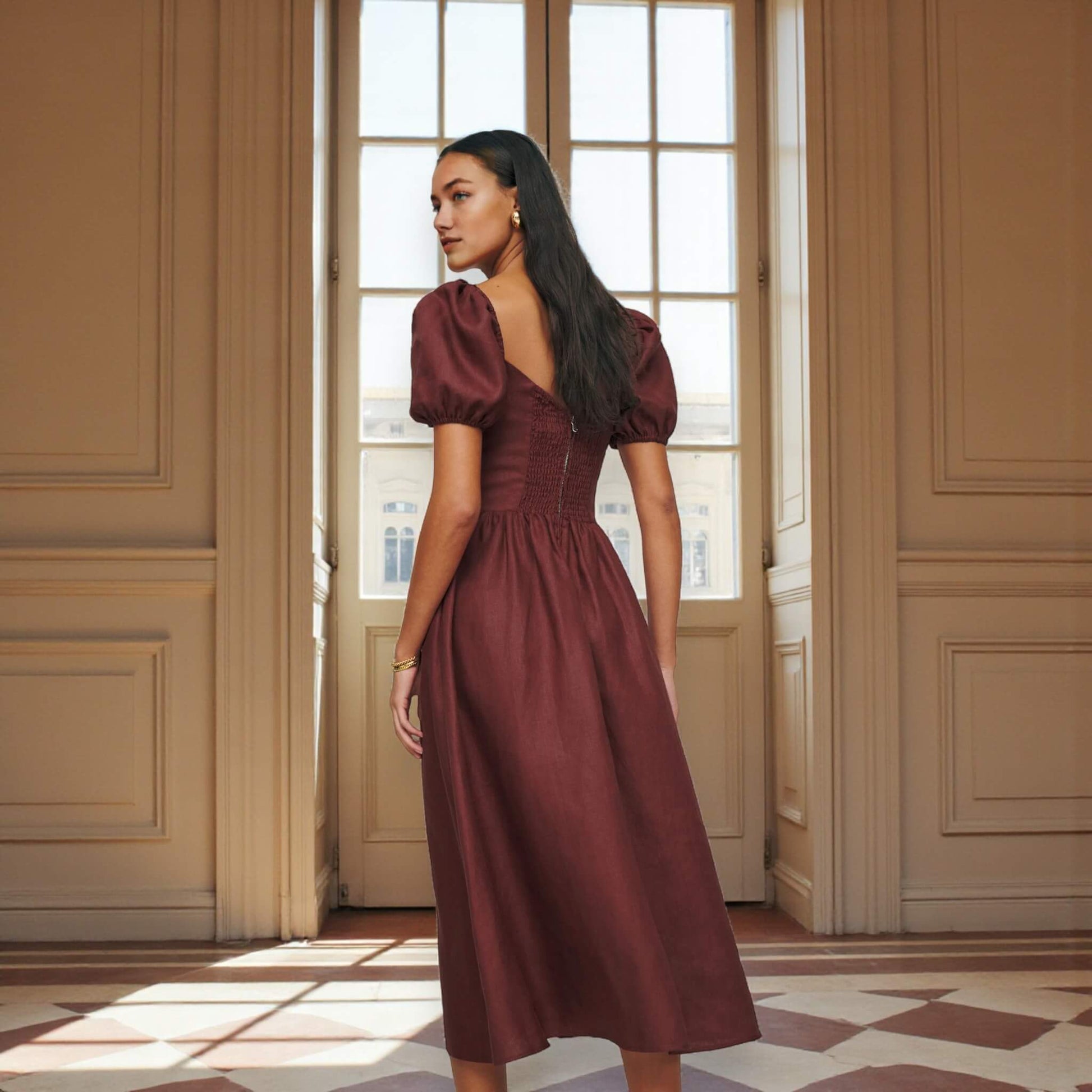 Short Sleeve Linen Midi Dress, Puff Sleeve Midi Dress