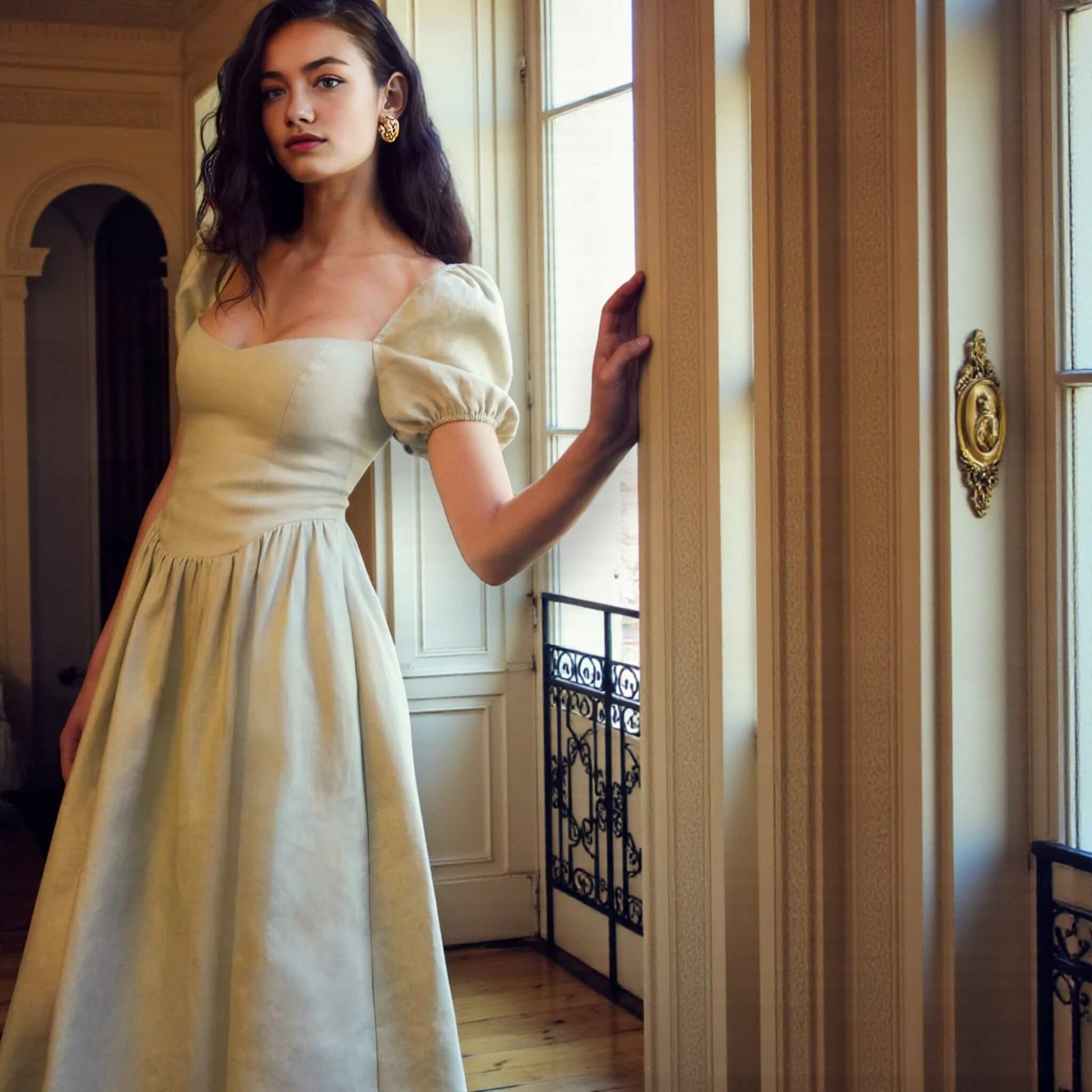 Short Sleeve Linen Midi Dress, Puff Sleeve Midi Dress