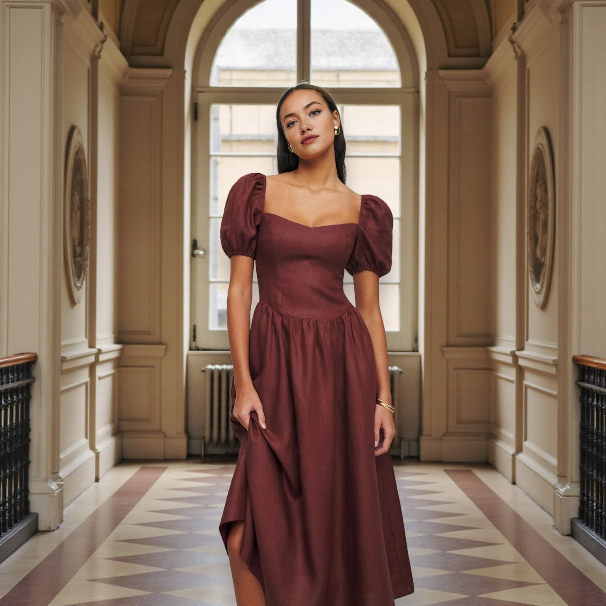 Short Sleeve Linen Midi Dress, Puff Sleeve Midi Dress