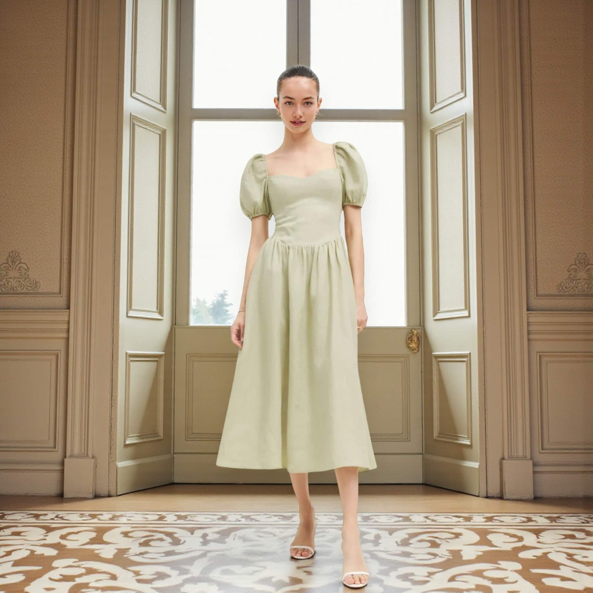 Short Sleeve Linen Midi Dress, Puff Sleeve Midi Dress