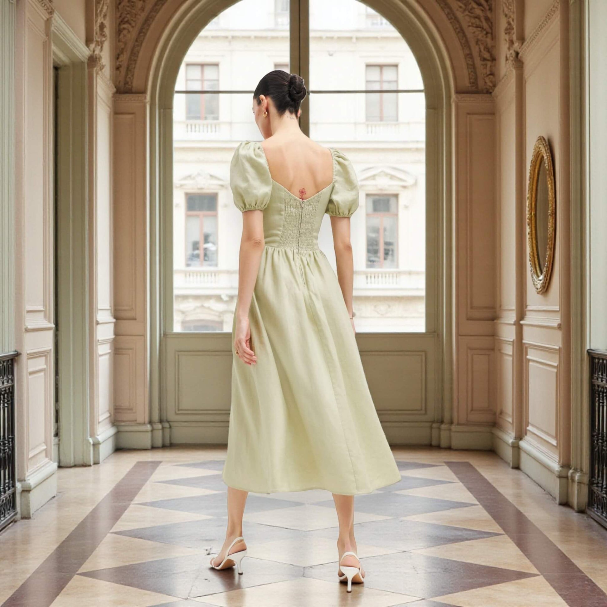 Short Sleeve Linen Midi Dress, Puff Sleeve Midi Dress