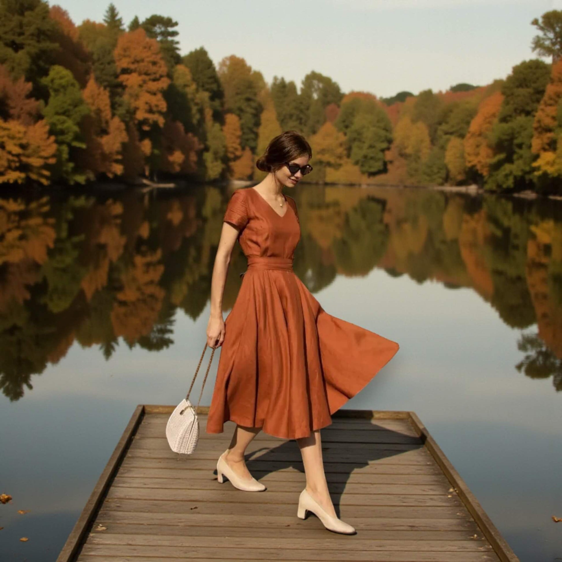 Short Sleeve Linen Midi Dress, V Neck Midi Dress