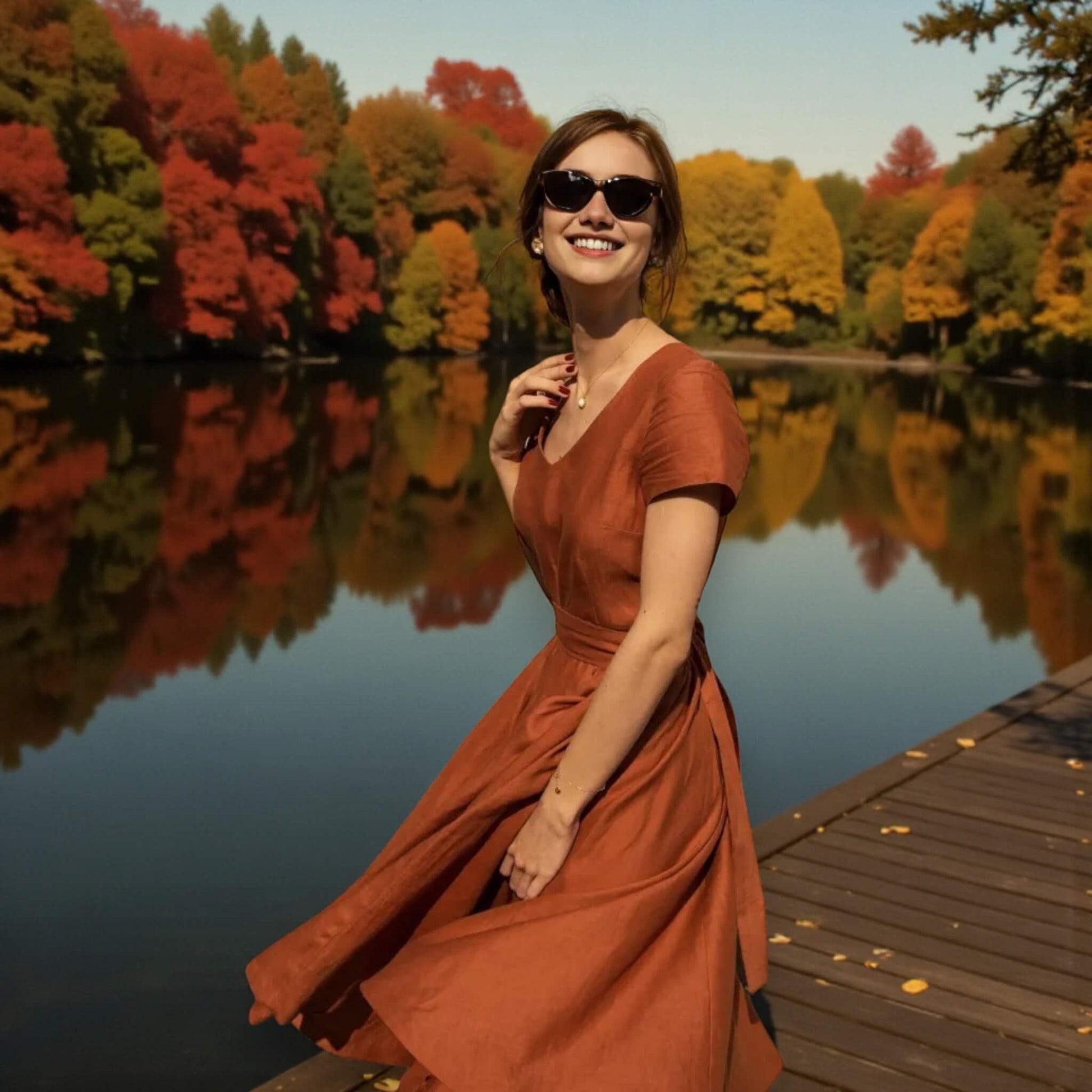 Short Sleeve Linen Midi Dress, V Neck Midi Dress