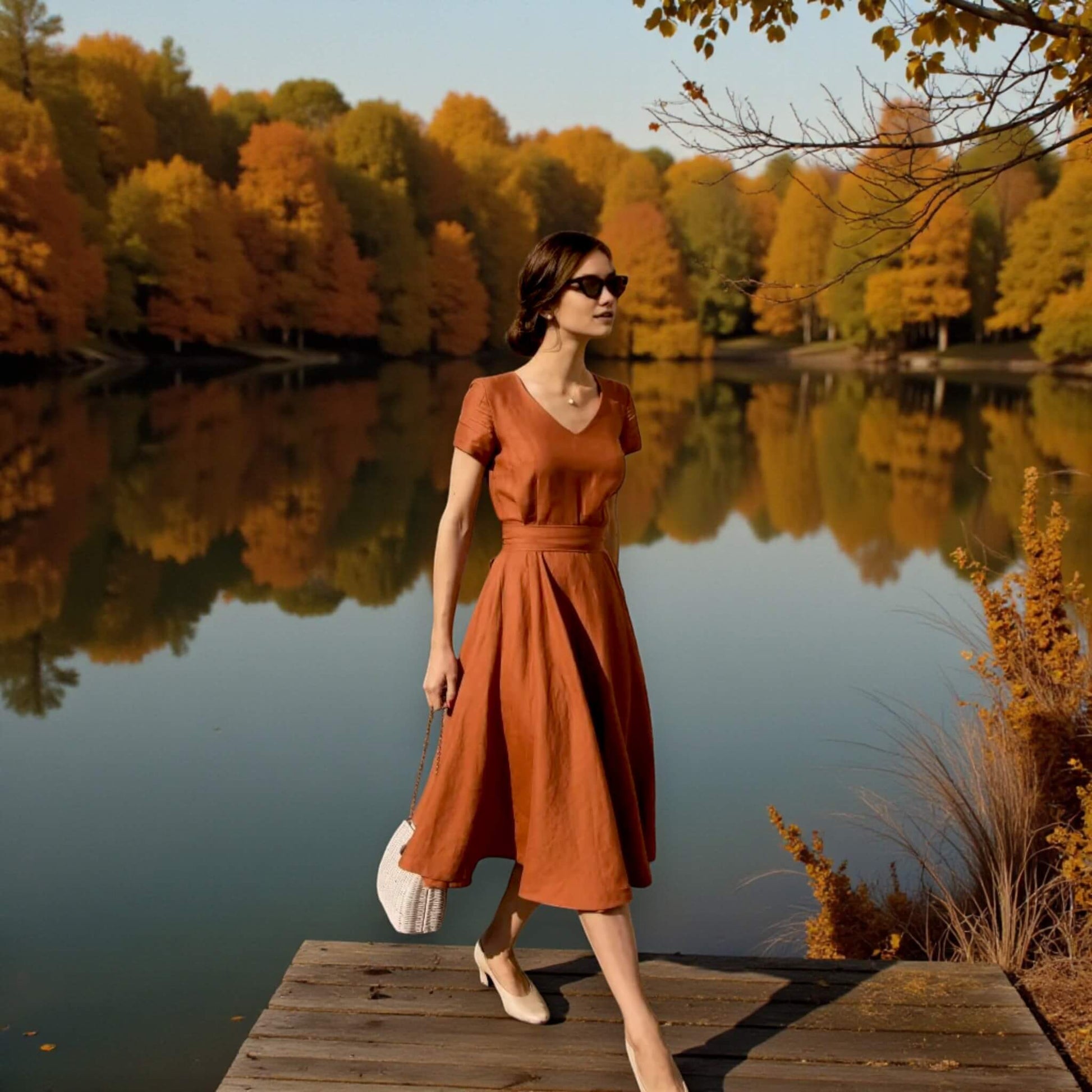 Short Sleeve Linen Midi Dress, V Neck Midi Dress