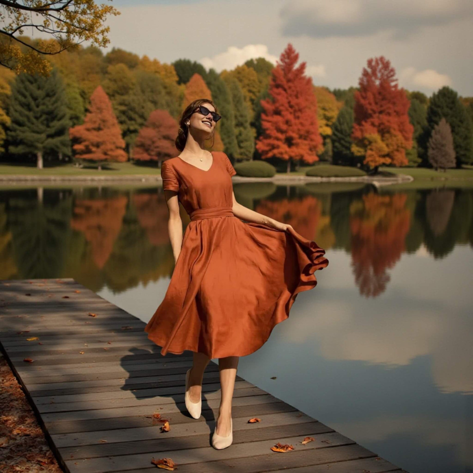 Short Sleeve Linen Midi Dress, V Neck Midi Dress