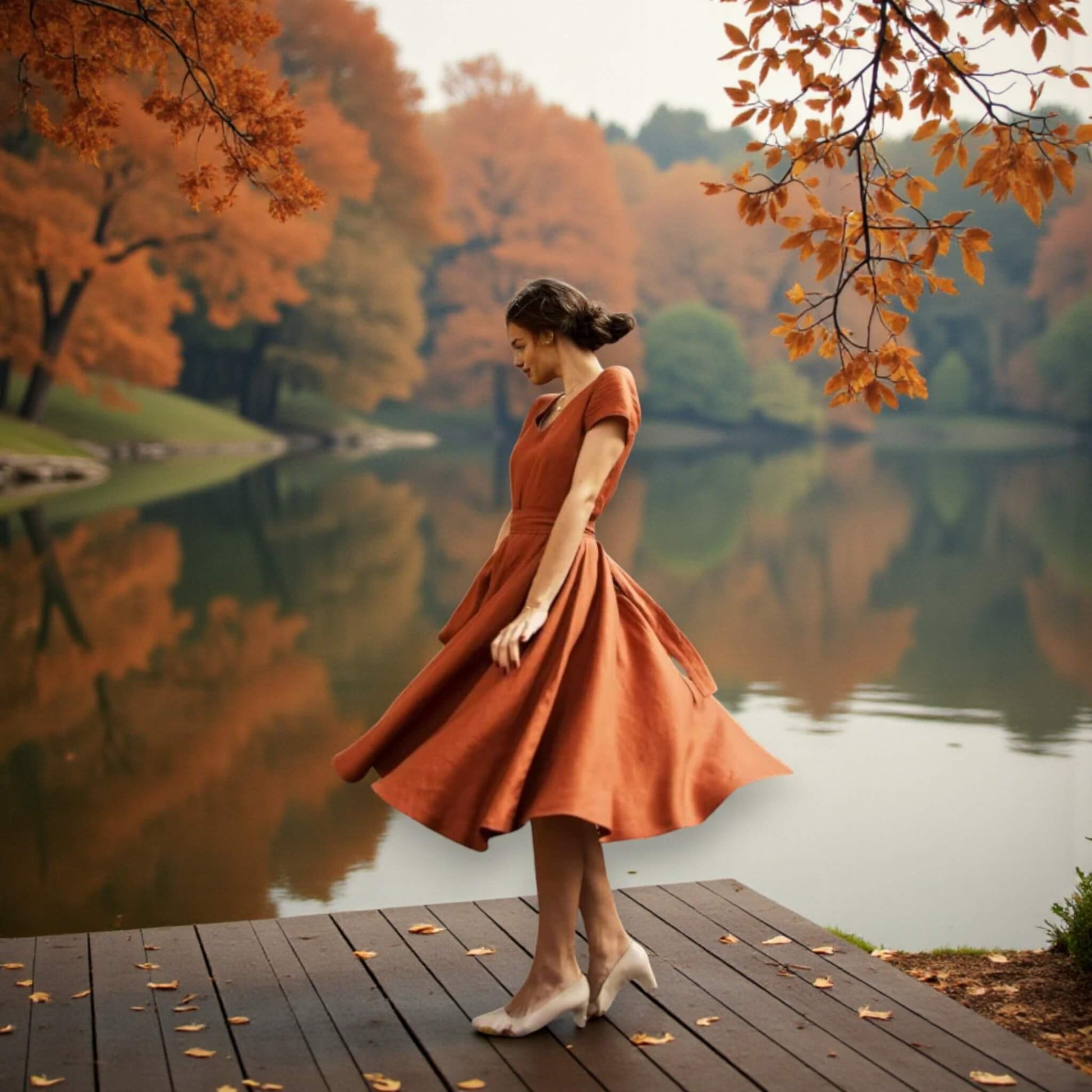 Short Sleeve Linen Midi Dress, V Neck Midi Dress