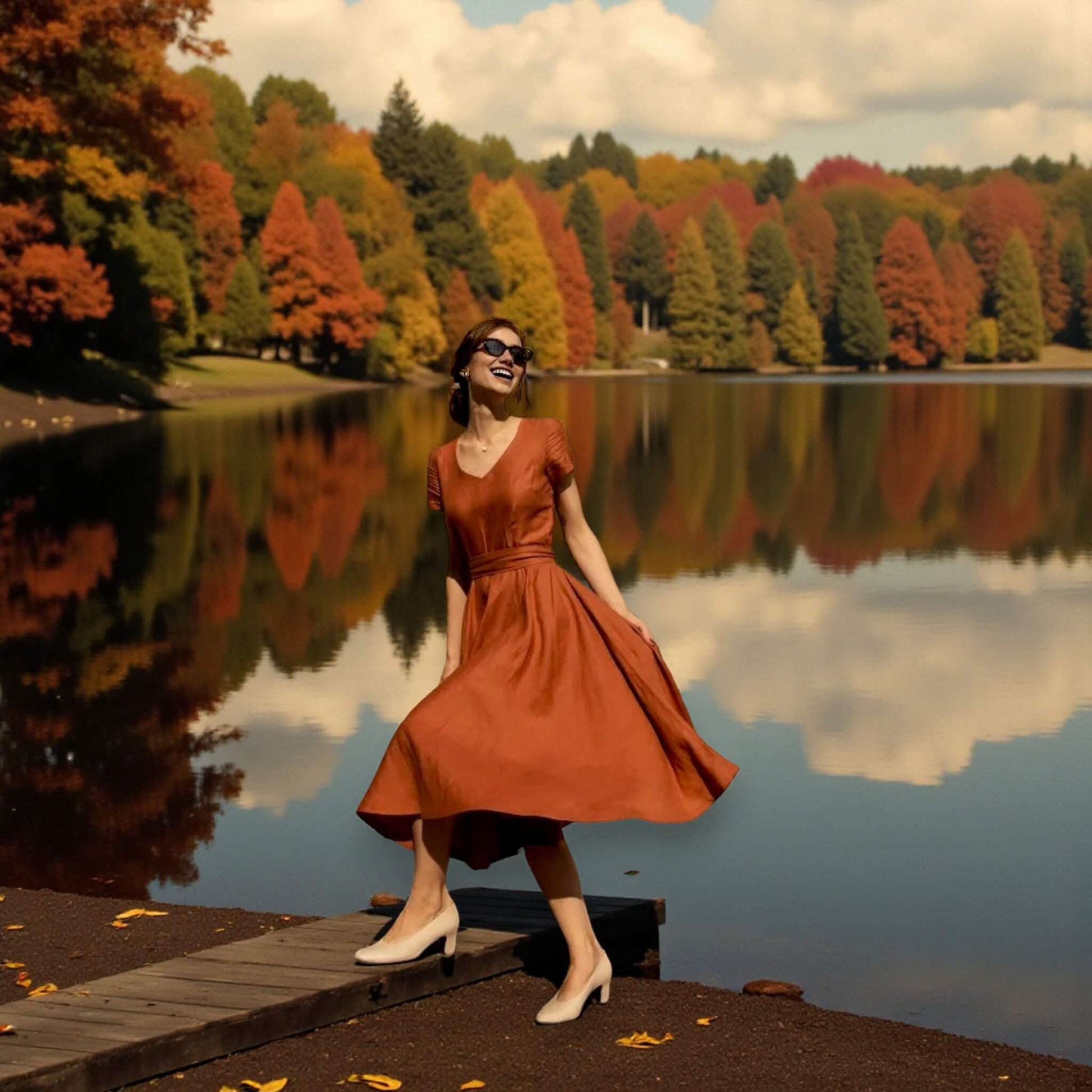 Short Sleeve Linen Midi Dress, V Neck Midi Dress