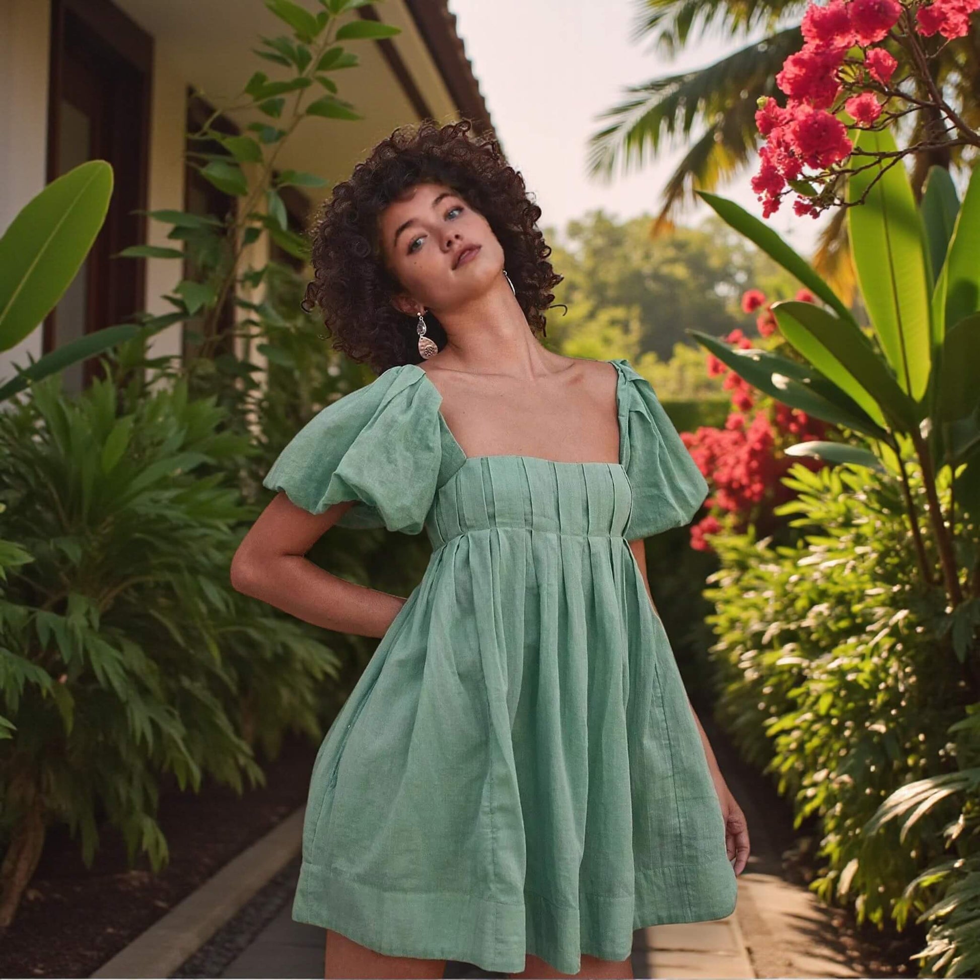 Short Sleeve Linen Mini Dress, Puff Sleeve Mini Dress