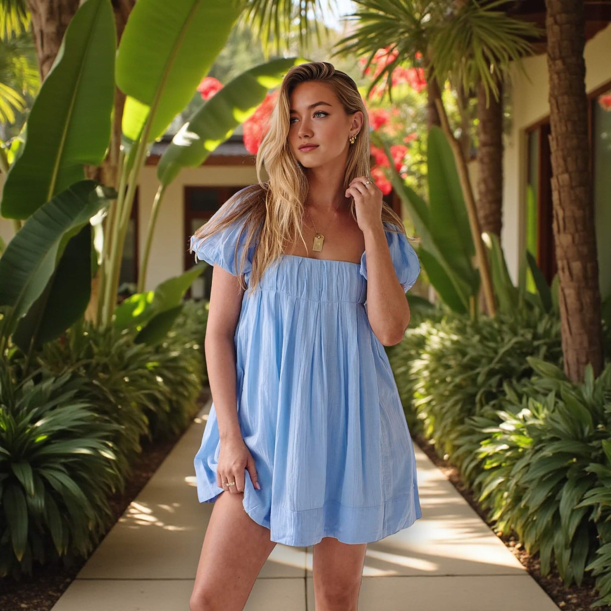 Short Sleeve Linen Mini Dress, Puff Sleeve Mini Dress