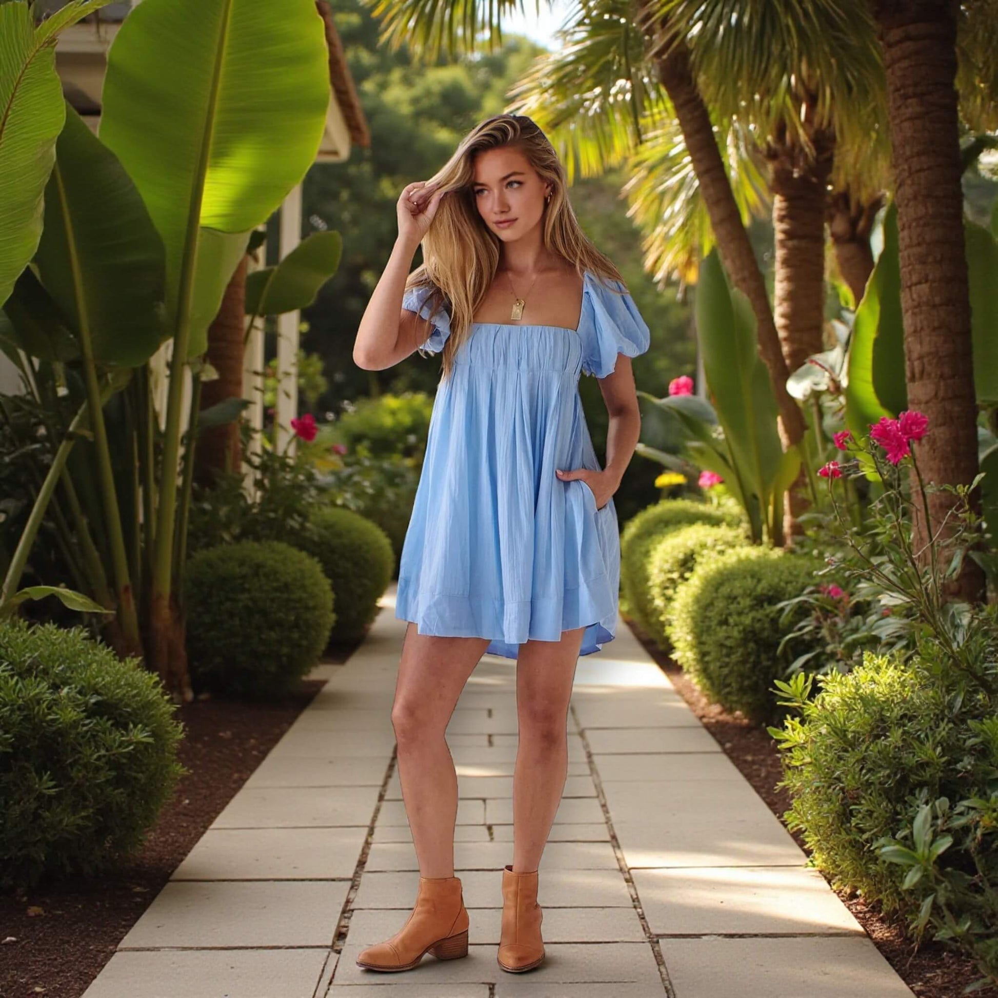 Short Sleeve Linen Mini Dress, Puff Sleeve Mini Dress