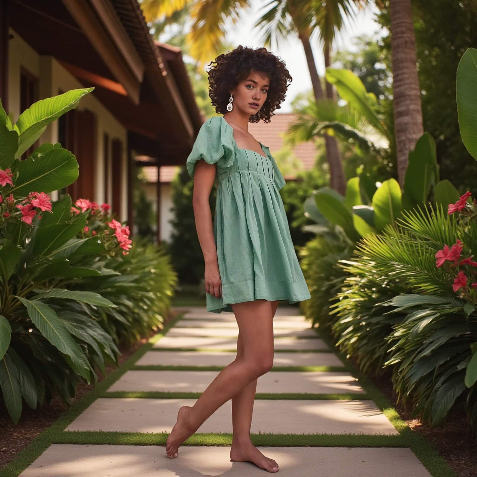 Short Sleeve Linen Mini Dress, Puff Sleeve Mini Dress