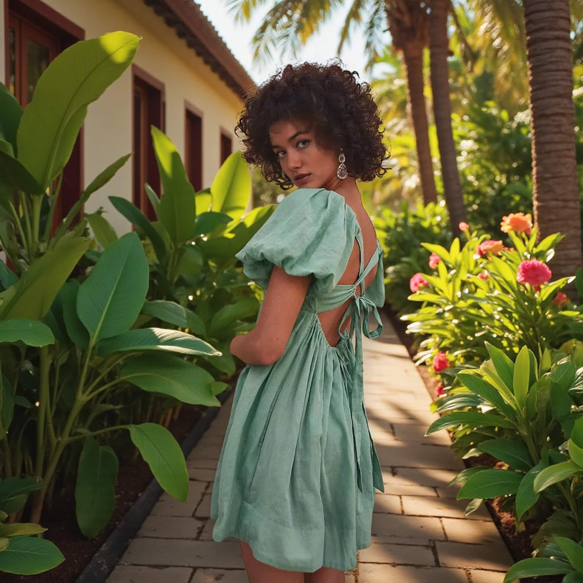 Short Sleeve Linen Mini Dress, Puff Sleeve Mini Dress