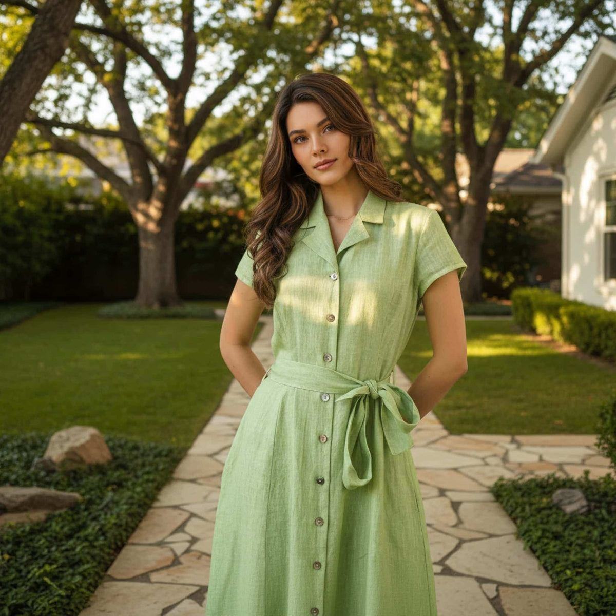 Short Sleeve Linen Shirt Dress, Button Down Maxi Dress