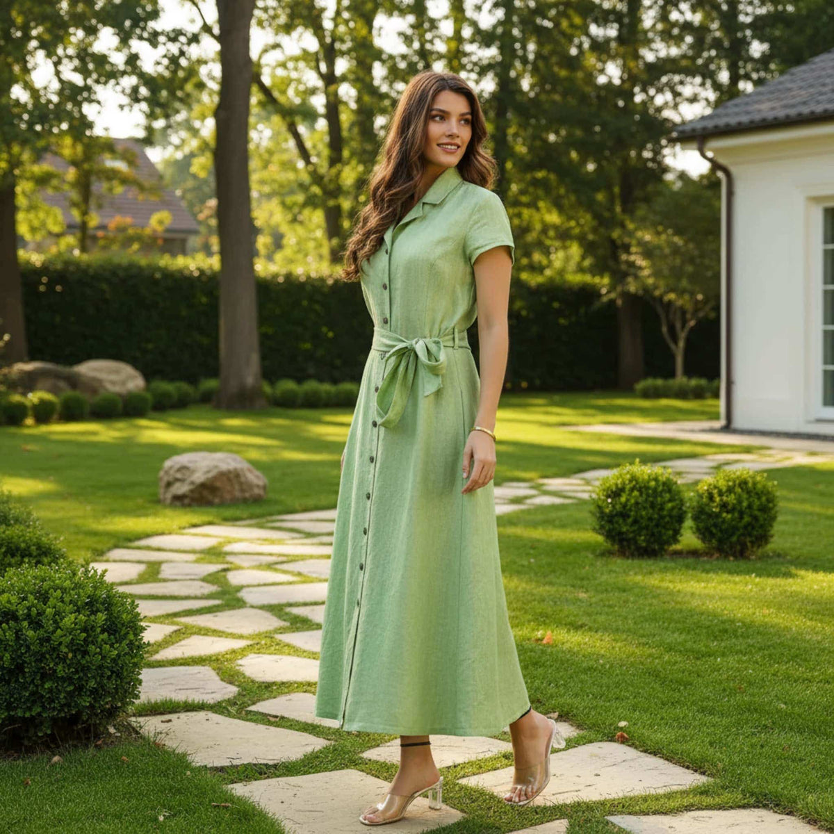 Short Sleeve Linen Shirt Dress, Button Down Maxi Dress