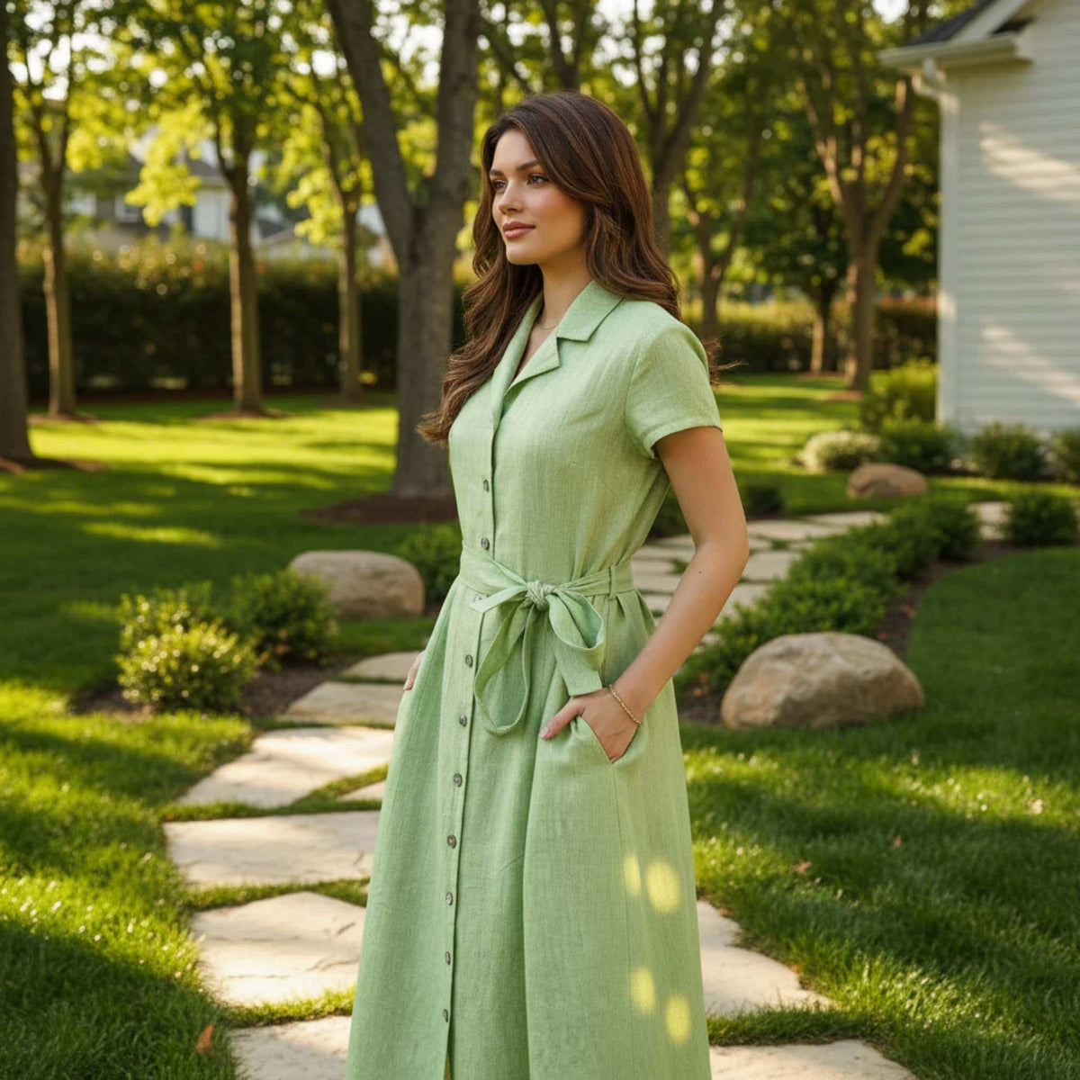 Short Sleeve Linen Shirt Dress, Button Down Maxi Dress
