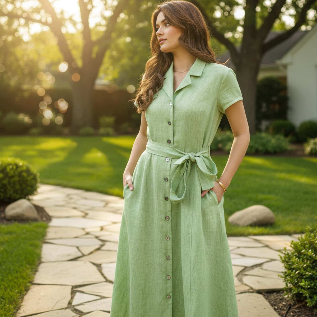 Short Sleeve Linen Shirt Dress, Button Down Maxi Dress