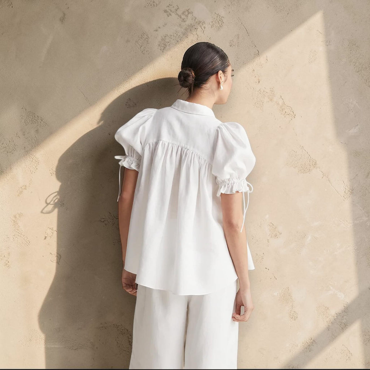 Short Sleeve Linen Shirt, Puff Sleeve Linen Blouse