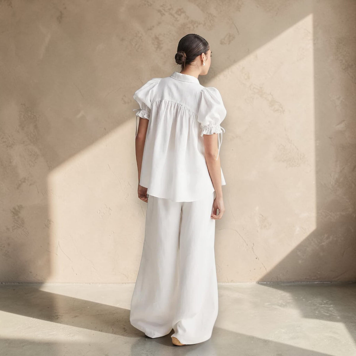 Short Sleeve Linen Shirt, Puff Sleeve Linen Blouse