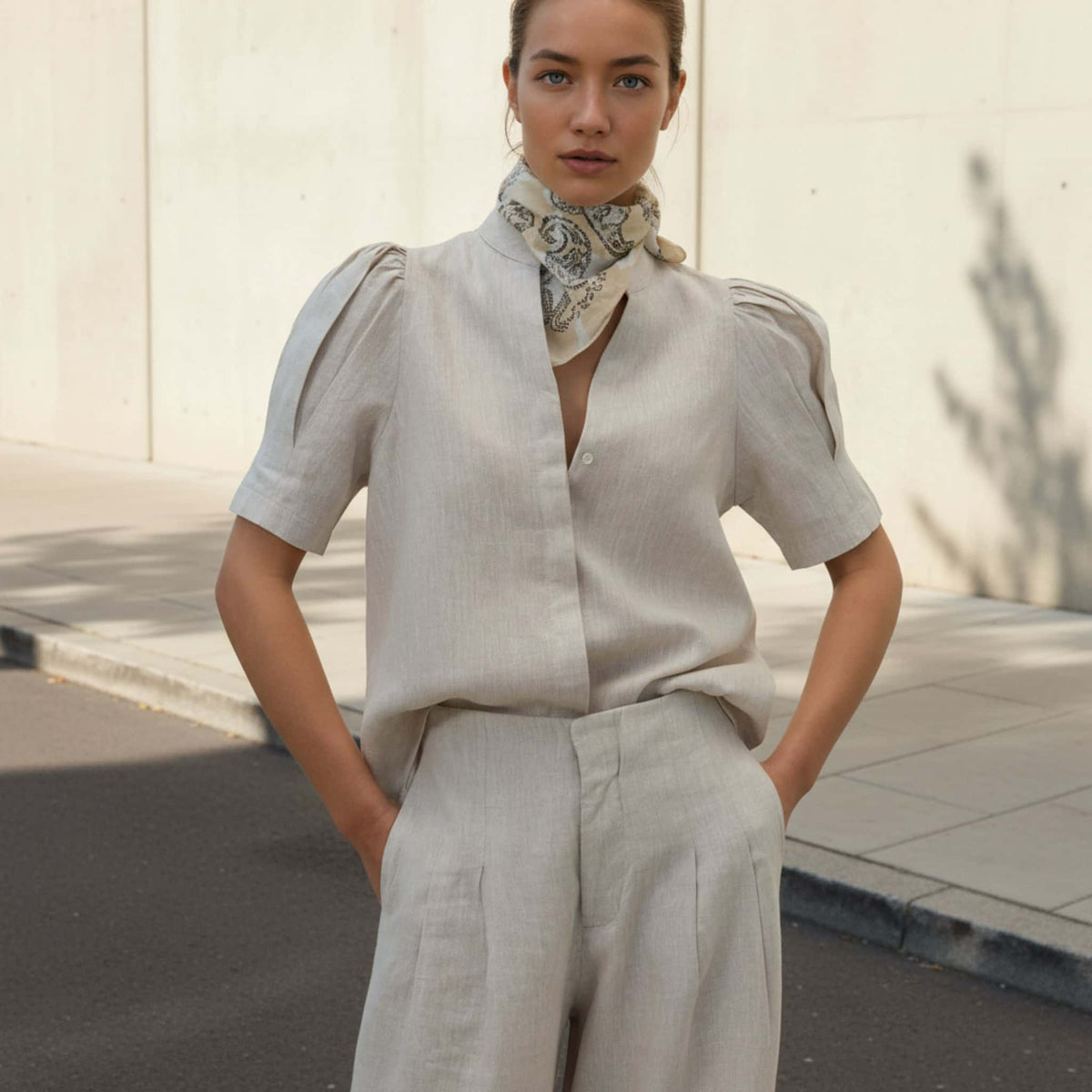 Short Sleeve Linen Shirt, Puff Sleeve Linen Top