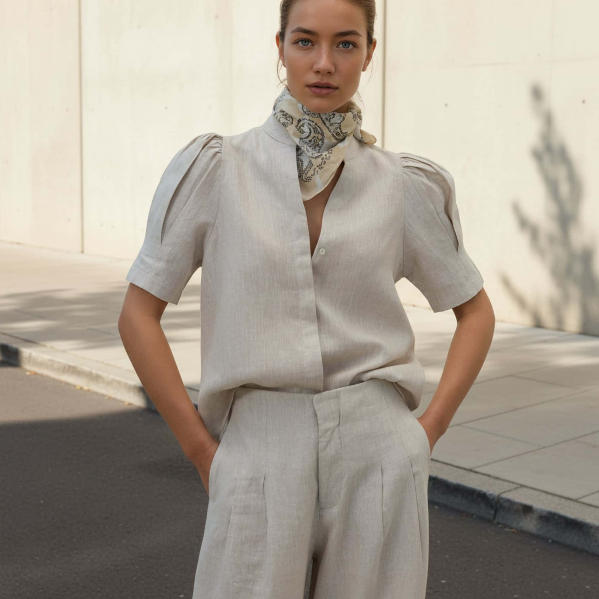 Short Sleeve Linen Shirt, Puff Sleeve Linen Top