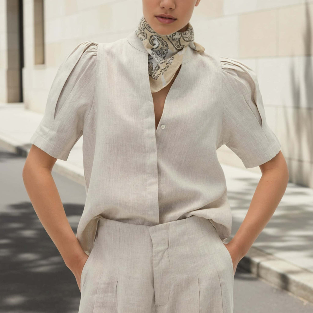 Short Sleeve Linen Shirt, Puff Sleeve Linen Top