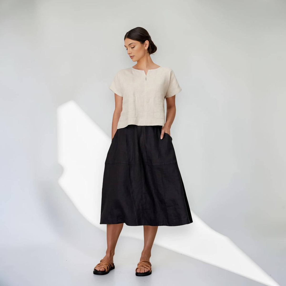 Short Sleeve Linen Top, Patch Pocket Elastic Back