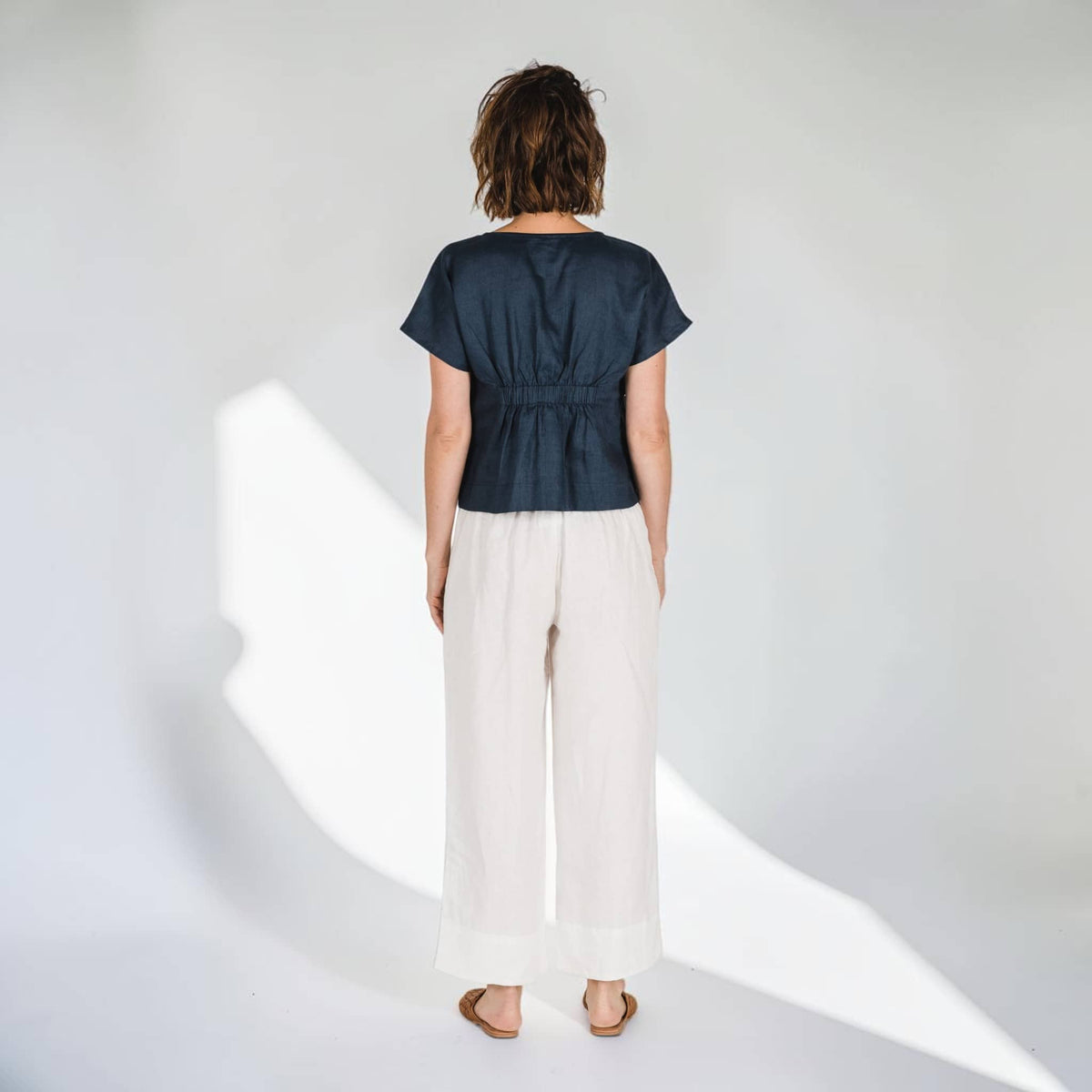 Short Sleeve Linen Top, Patch Pocket Elastic Back