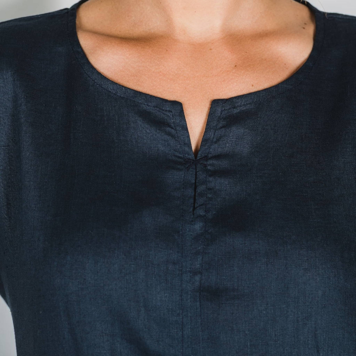 Short Sleeve Linen Top, Patch Pocket Elastic Back