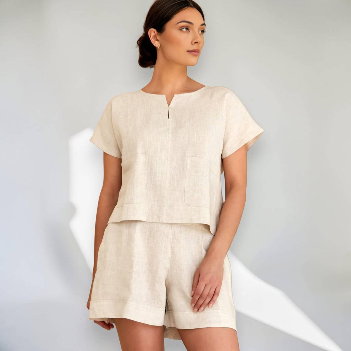Short Sleeve Linen Top, Patch Pocket Elastic Back