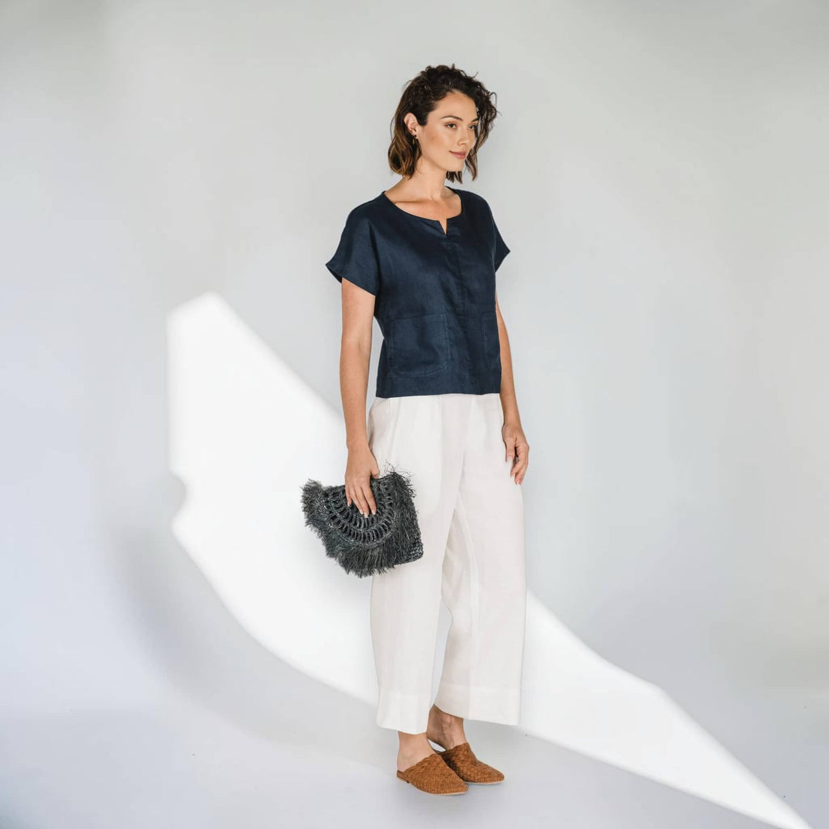 Short Sleeve Linen Top, Patch Pocket Elastic Back