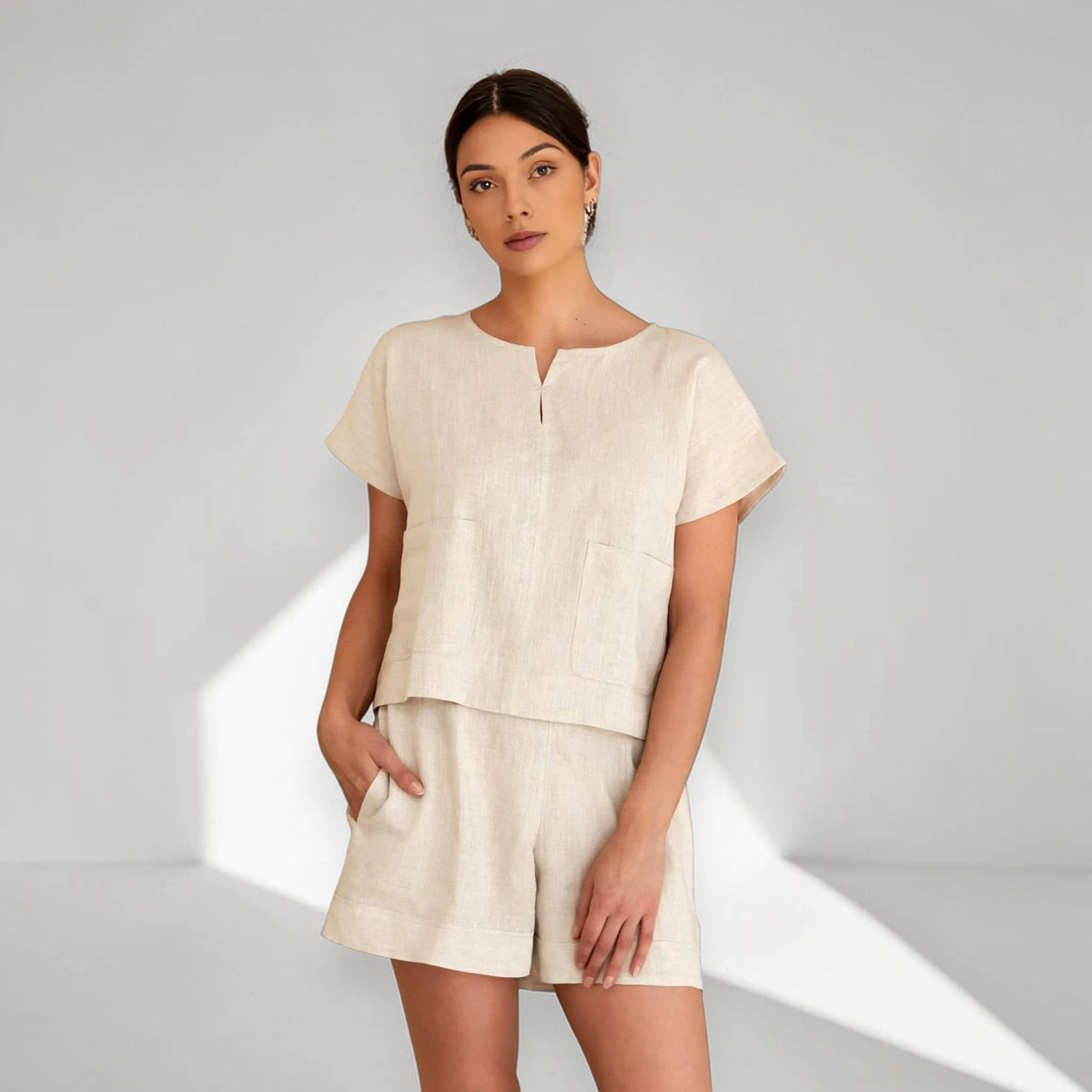 Short Sleeve Linen Top, Patch Pocket Elastic Back