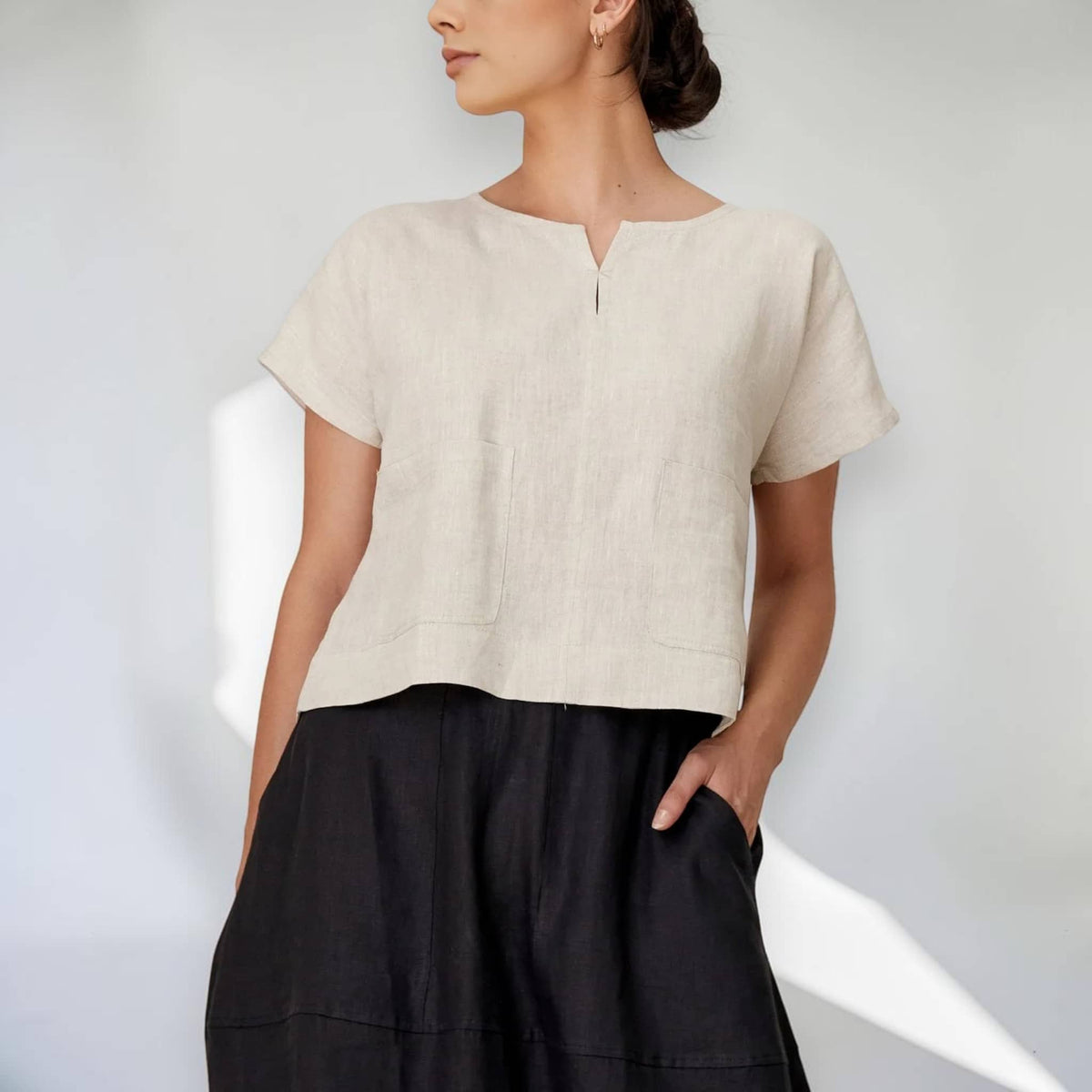 Short Sleeve Linen Top, Patch Pocket Elastic Back