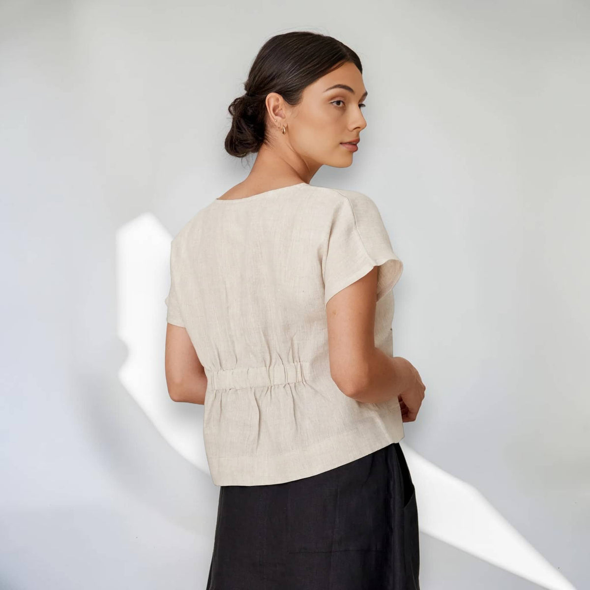 Short Sleeve Linen Top, Patch Pocket Elastic Back