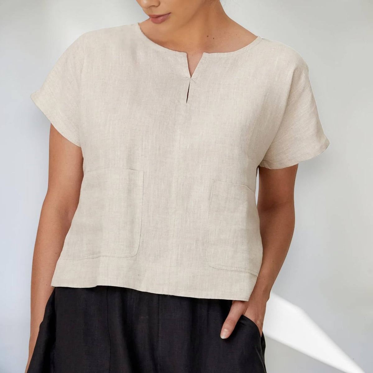 Short Sleeve Linen Top, Patch Pocket Elastic Back