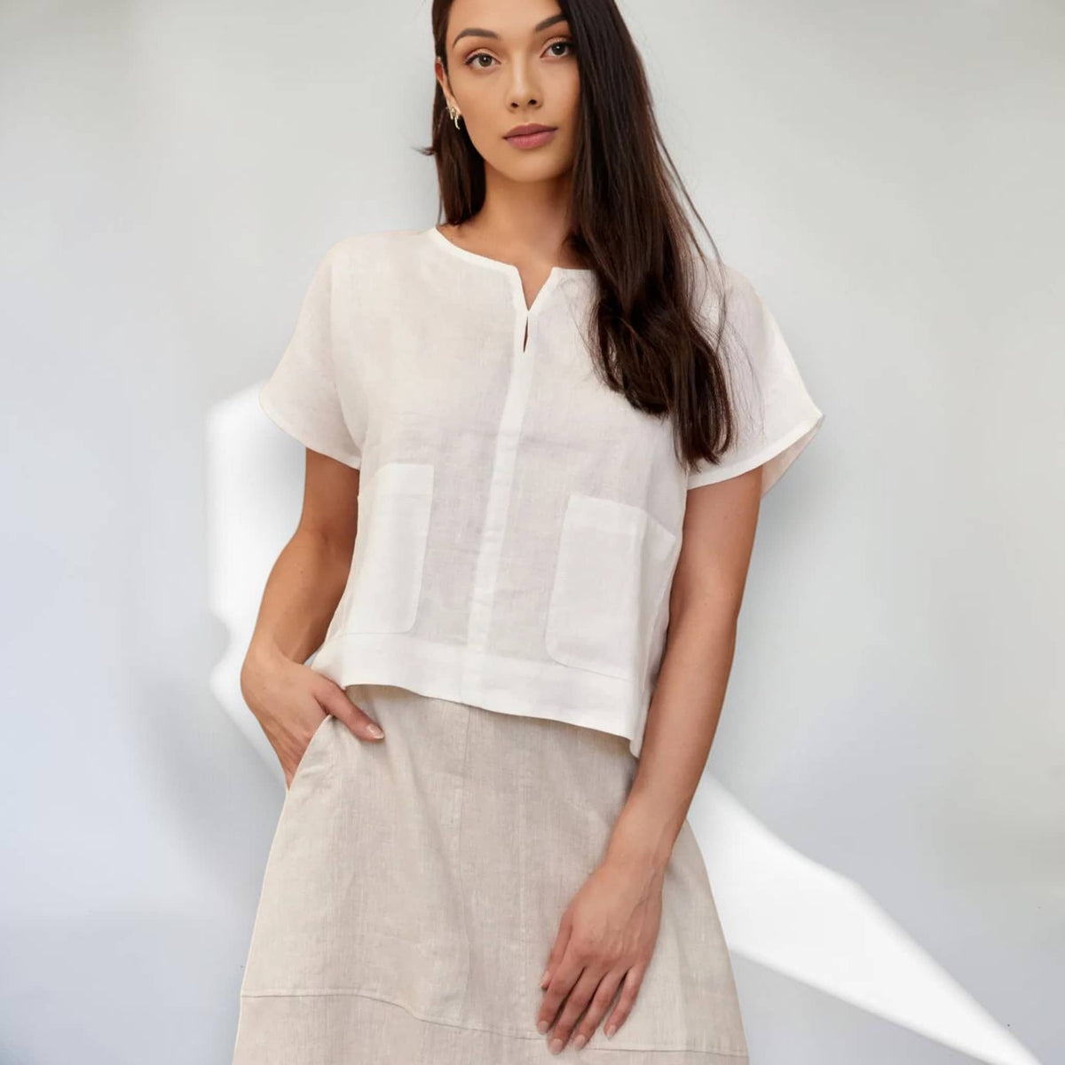 Short Sleeve Linen Top, Patch Pocket Elastic Back