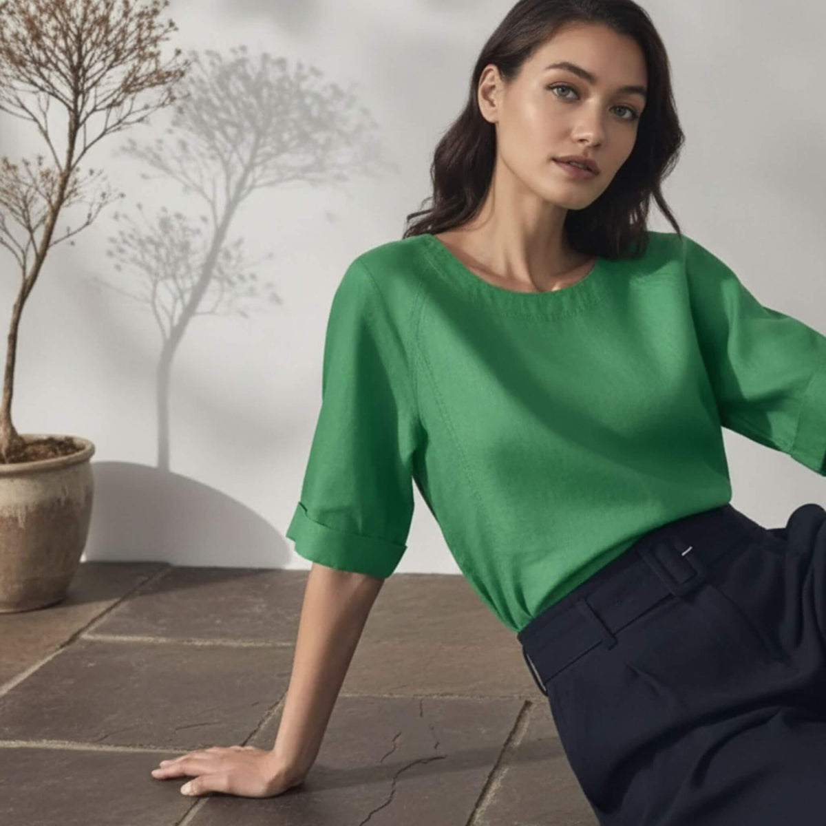 Short Sleeve Linen Top, Round Neck Linen Tee