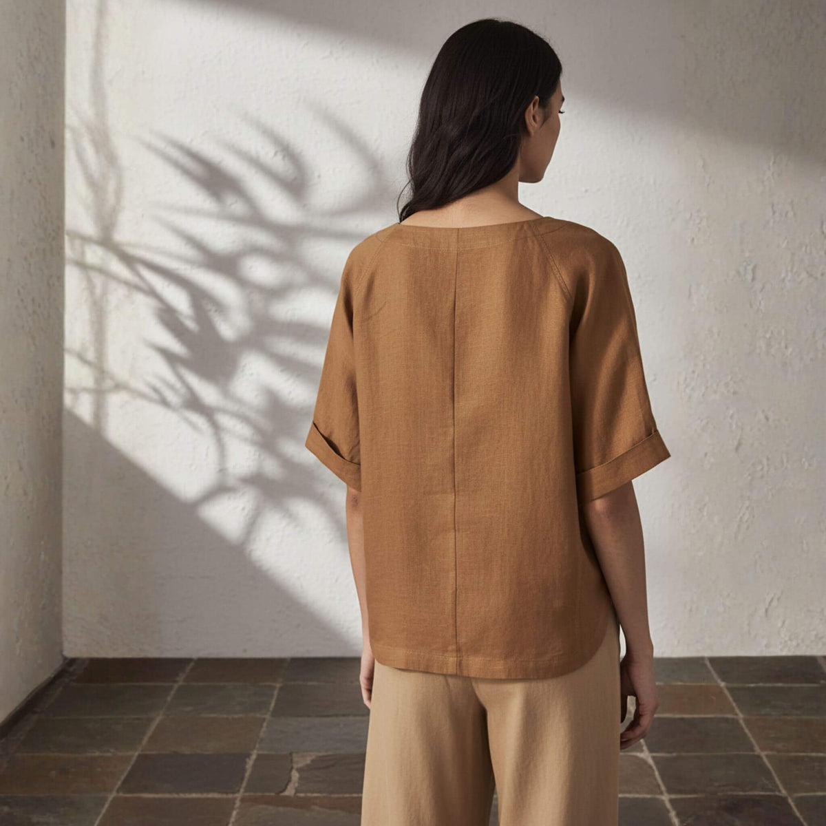 Short Sleeve Linen Top, Round Neck Linen Tee
