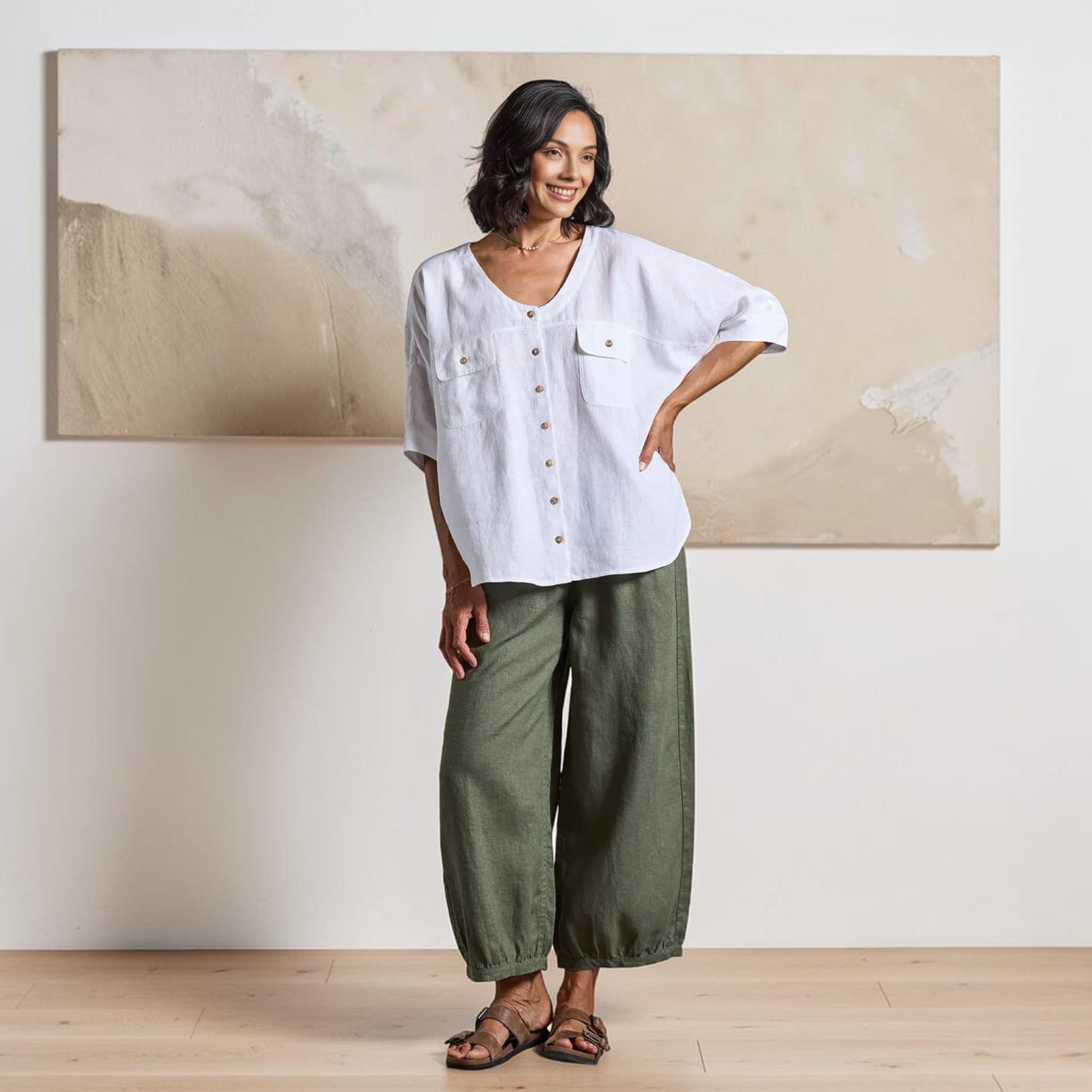 Short Sleeve Linen Top, V Neck Curved Hem